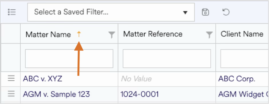 Table displaying matter names, references, and client names with a filter option.